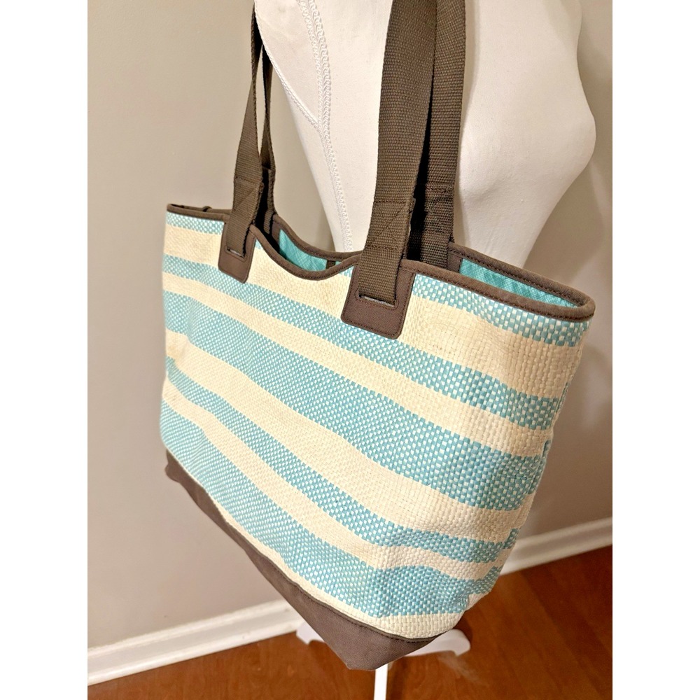 Thirty One XL Canvas Straw Crew Tote Bag Teal Stipe